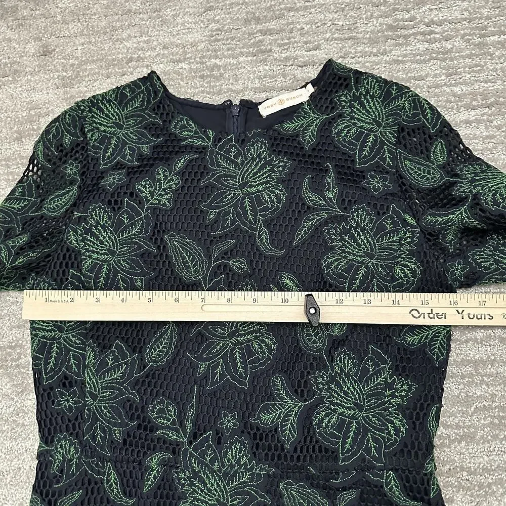 Tory Burch Dress Womens 4 Blue Green Floral Lace Sheath Short Sleeve Lined Mesh